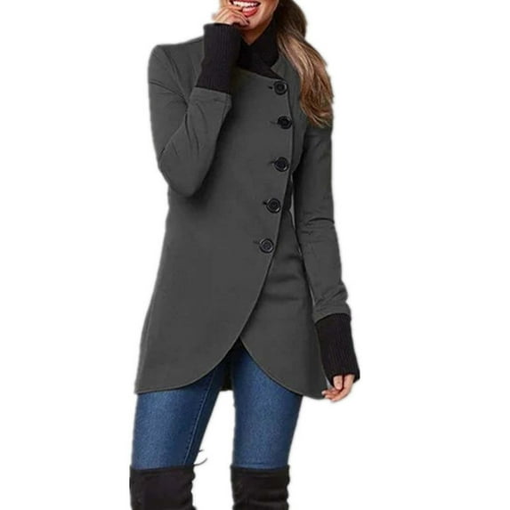 VEKDONE Women's Pea Coats Fall Solid Color Thin Fleece Coat Long Sleeve Single Breasted Jackets Casual Irregular Hem Slim Trench Coats Plus Size Long Outerwear Jacket