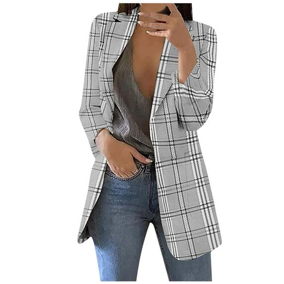 VEKDONE Women's Plaid Blazers 2025 Clearance Long Sleeve Lapel Cardigan Jackets Casual Business Office Coat with Pockets Trendy Slim Work Open Front Blazer Gray S