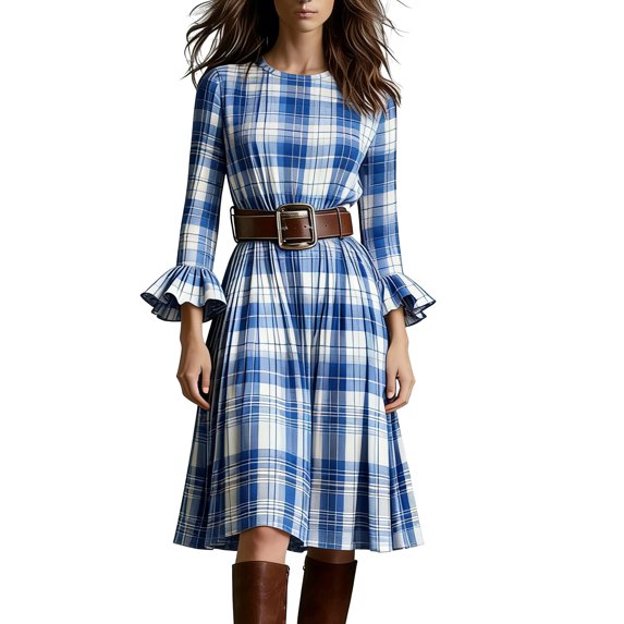 VEKDONE Women's Plaid Midi Dress Bell Sleeve Crewneck Knee Length Dress Casual Loose Fit Vintage Cowgirl Style Dress Fashion Clothes Blue M