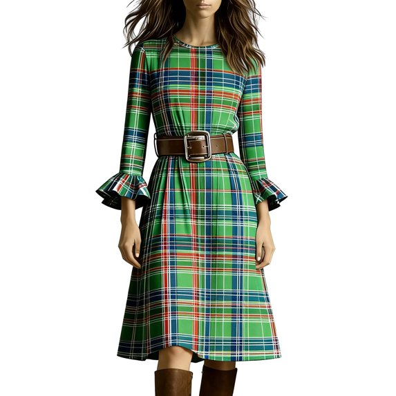 VEKDONE Women's Plaid Midi Dress Bell Sleeve Crewneck Knee Length Dress Casual Loose Fit Vintage Cowgirl Style Dress Fashion Clothes Green L