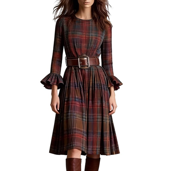VEKDONE Women's Plaid Midi Dress Bell Sleeve Crewneck Knee Length Dress Casual Loose Fit Vintage Cowgirl Style Dress Fashion Clothes Multicolor XL
