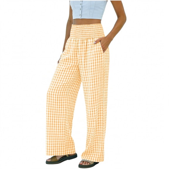 VEKDONE Women's Plaid Pants Gingham Elastic High Waist Wide Leg Pants Summer Casual Loose Fit Beach Vacation Trousers with Pockets Orange S
