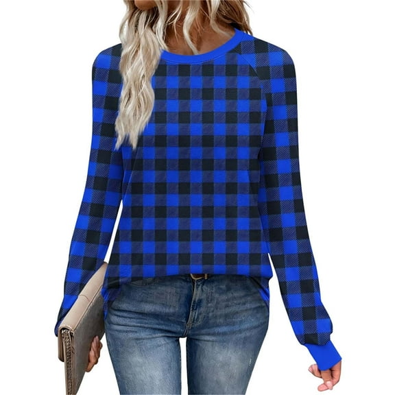 VEKDONE Women's Plaid Shirts Raglan Long Sleeve Crewneck Tunic Tops Casual Loose Fit Lightweight Pullover Top Fashion Clothes