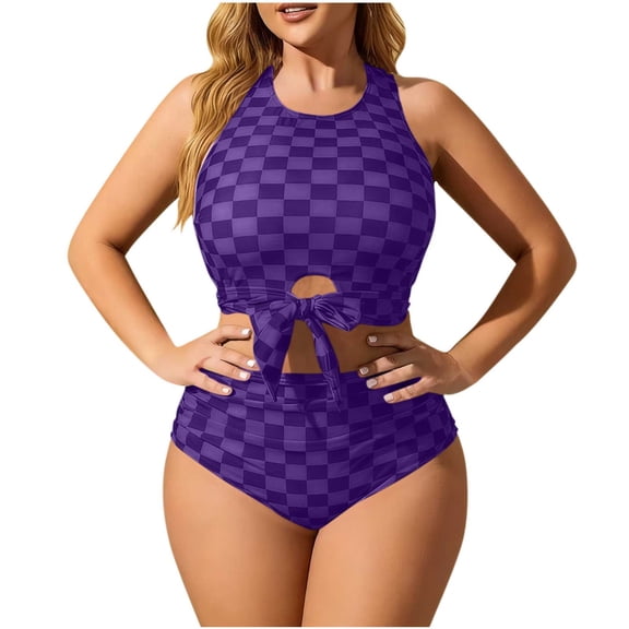 VEKDONE Women's Plus Size Checkered Swimsuit Bikini Set Sexy Lace Up Bow Tie Swimsuits with High Waisted Bottoms Hawaii Beach Bathing Suit Purple XXXL