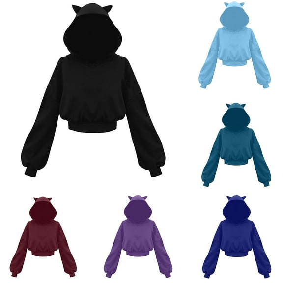 VEKDONE Women's Plus Size Cropped Hoodies Cute Cat Ear Hooded Sweatshirt Solid Long Sleeve Crop Pullover Tops Fall Fashion Sweatshirts