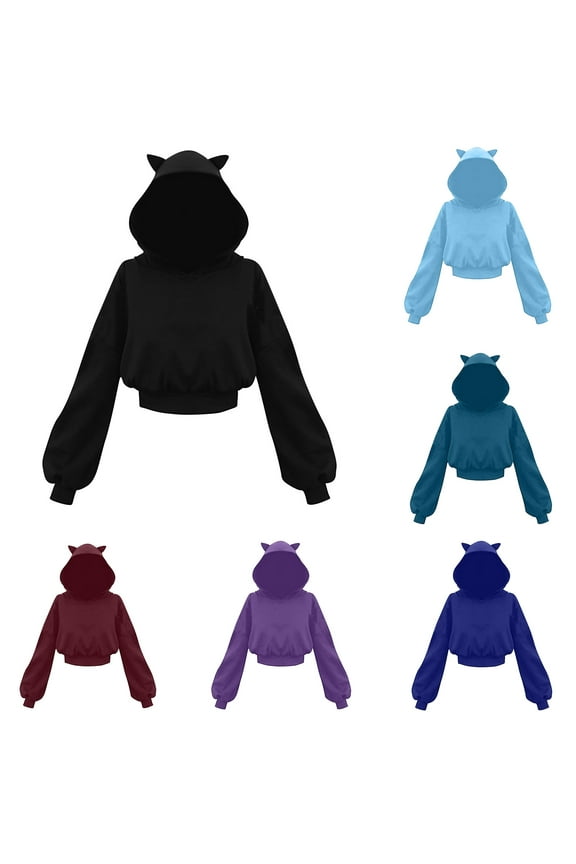 Women's Plus Size Cropped Hoodies Cute Cat Ear Hooded Sweatshirt Solid Long Sleeve Crop Pullover Tops Fall Fashion Sweatshirts