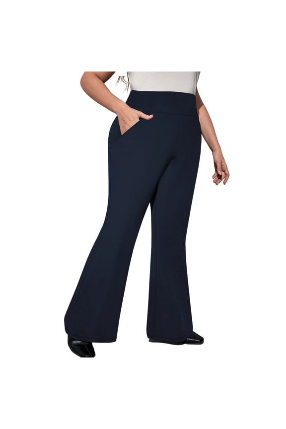 Women's Plus Size Flare Leggings Bootcut High Waist Work Slacks with Pocket Solid Color Stretchy Bell Bottoms Pants for Gym Yoga Navy XL