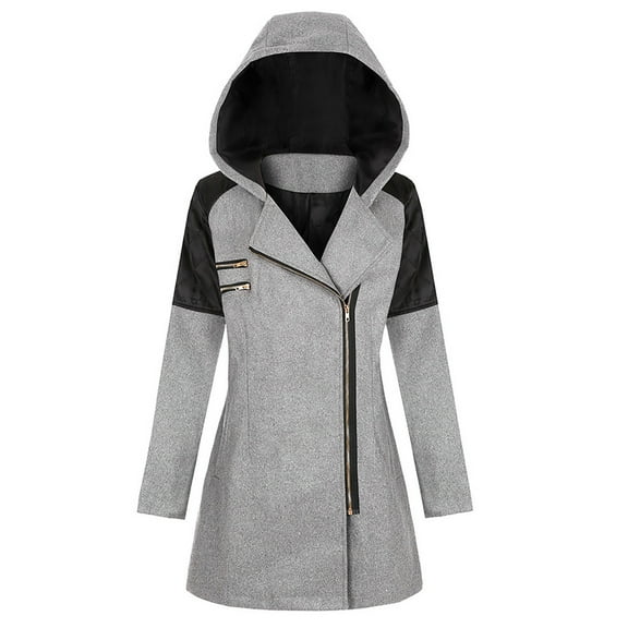 VEKDONE Women's Plus Size Hooded Coat Patchwork Zip Up Trench Jackets Winter Lapel Vintage Goth Parka Long Outerwear with Pockets