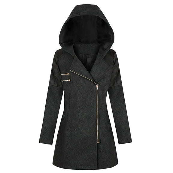 VEKDONE Women's Plus Size Hooded Coat Patchwork Zip Up Trench Jackets Winter Lapel Vintage Goth Parka Long Outerwear with Pockets