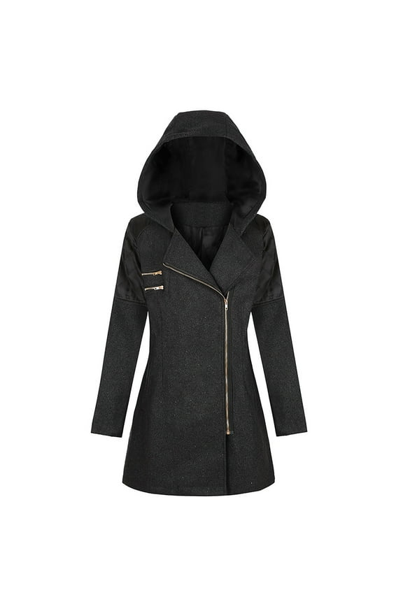 Women's Plus Size Hooded Coat Patchwork Zip Up Trench Jackets Winter Lapel Vintage Goth Parka Long Outerwear with Pockets