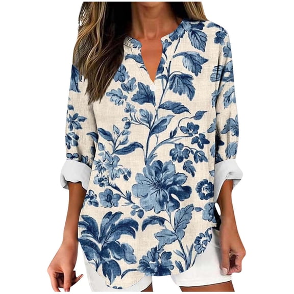 VEKDONE Women's Plus Size Long Sleeve Tops Fashion Print Button V-Neck Blouse Casual Loose Fit Lightweight Pullover Top Fall Cotton Soft Comfy Tunics