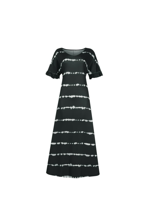 Women's Plus Size Maxi Dress Loose Fit Flowy Stripe Dresses Summer Short Sleeve V-Neck Tunics Long Dress Casual Lightweight T-shirt Dress