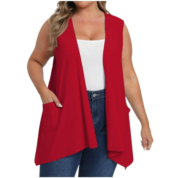 VEKDONE Women's Plus Size Sleeveless Cardigan Solid Color Draped Open Front Cardigan Vest Summer Loose Lightweight Beach Cover Ups with Pockets