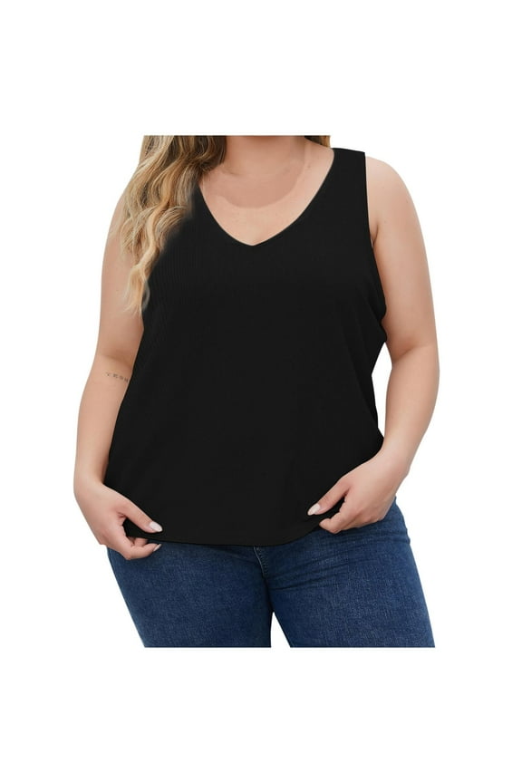 Women's Plus Size Tank Tops Ribbed Knit V-Neck Tunics Tops Summer Sleeveless Baggy Yoga Tanks Solid Color Lightweight Lounge Vests Black 3X-Large