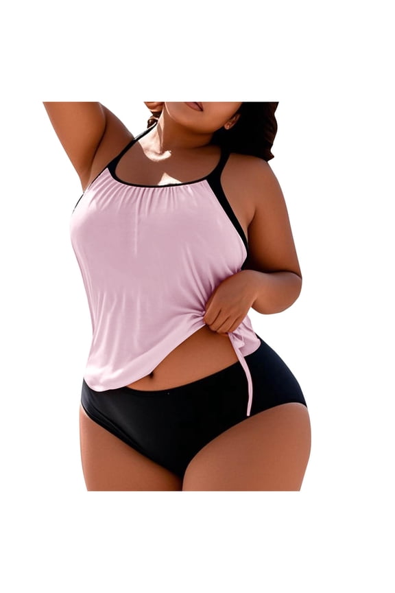 Women's Plus Size Tankini Set Strap Backless Drawstring Bathing Suit with Chest Pad Beach Vacation Wireless Swimsuit Solid Color Tummy Control Swimwear Pink XL
