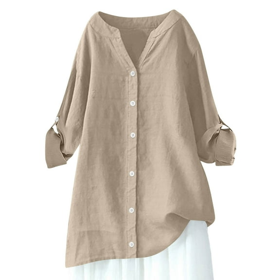 VEKDONE Women's Plus Size Tops Cotton Linen Button Down Shirts Fall Long Sleeve V-Neck Long Blouse Solid Color Loose Fit Lightweight Tunics