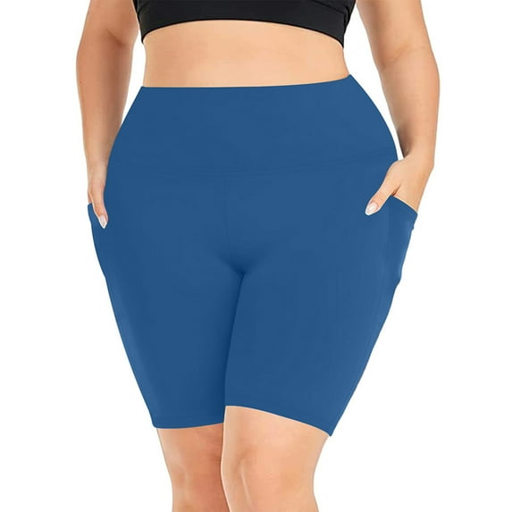 VEKDONE Women's Plus Size Workout Shorts Solid Color Elastic High Waisted Yoga Shorts with Pockets Milk Silk Buttery Soft Breathable Shorts Blue XXXXXL