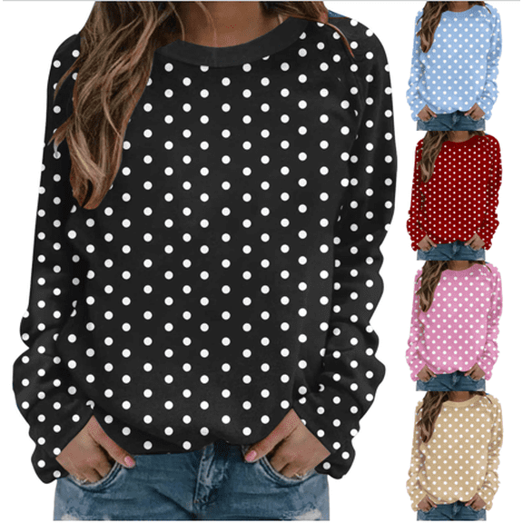 VEKDONE Women’s Polka Dot Print Sweatshirt Long Sleeve Crewneck Casual Pullover Tops Loose Fit Lightweight Basic Sweatshirts