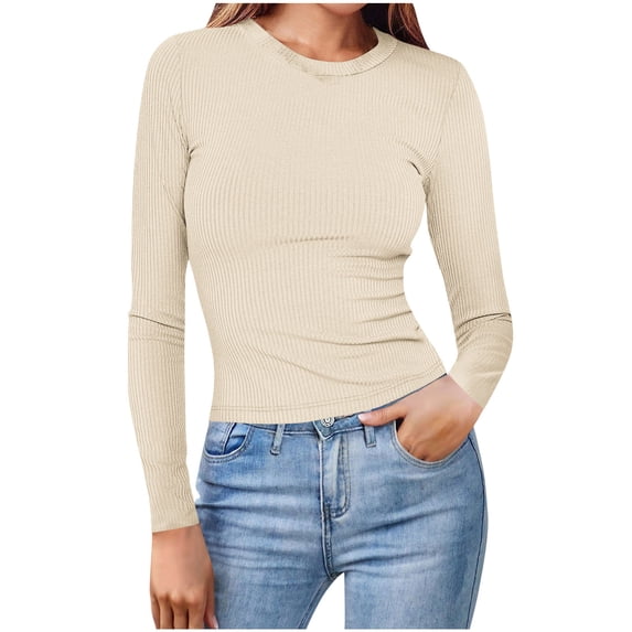 VEKDONE Women's Ribbed Knit Undershirts Casual Long Sleeve Round Neck Pullover Top Solid Color Classic Tunic Tops Slim Fit Stretchy Basic Tight Blouses