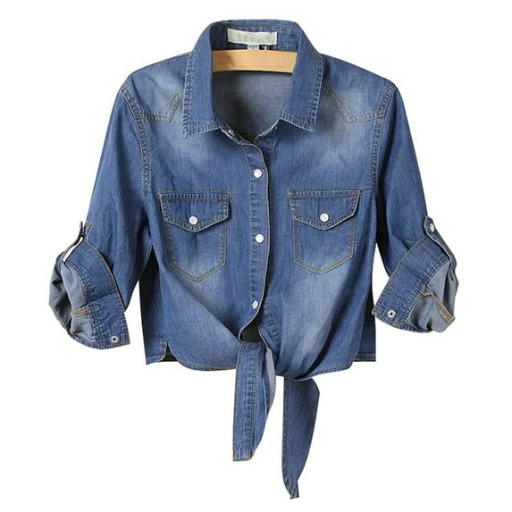 VEKDONE Women's Roll Up 3/4 Sleeve Jackets Tie Front Knot Denim Shirt Coats Button Down Lapel Cropped Jacket Fall Fashion Jean Shawl Outerwear