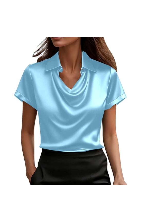 Women's Satin Tunic Tops Short Sleeve Silky Cowl Neck Shirts Solid Color Drape Ruched Blouse T Shirt Dressy Loose Fit Office Work Shirt Light Blue S