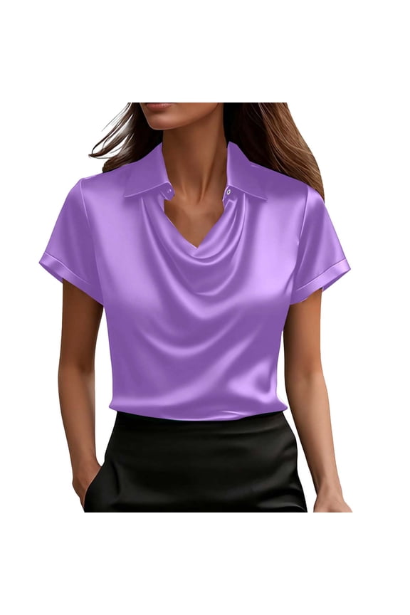 Women's Satin Tunic Tops Short Sleeve Silky Cowl Neck Shirts Solid Color Drape Ruched Blouse T Shirt Dressy Loose Fit Office Work Shirt Purple XXL