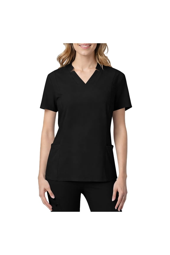 Women's Scrub Top Summer Short Sleeve V-Neck Lightweight Blouse Solid Color Basic Tunic Tops with Pockets Casual Stretch Slim Fit Shirts Black L