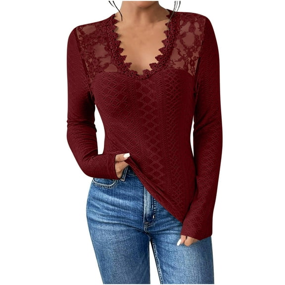 VEKDONE Women's Sheer Lace Tee Shirts Long Sleeve Eyelet Tops Casual V Neck Slim Fitted Blouses Fall Hollow Out Breathable Tunic Tops Outfit Clothes
