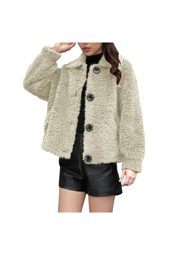 Women's Sherpa Fleece Jackets Fashion Button Down Lapel Warm Sweater Casual Plus Size Plush Outerwear Winter Long Sleeve Coats