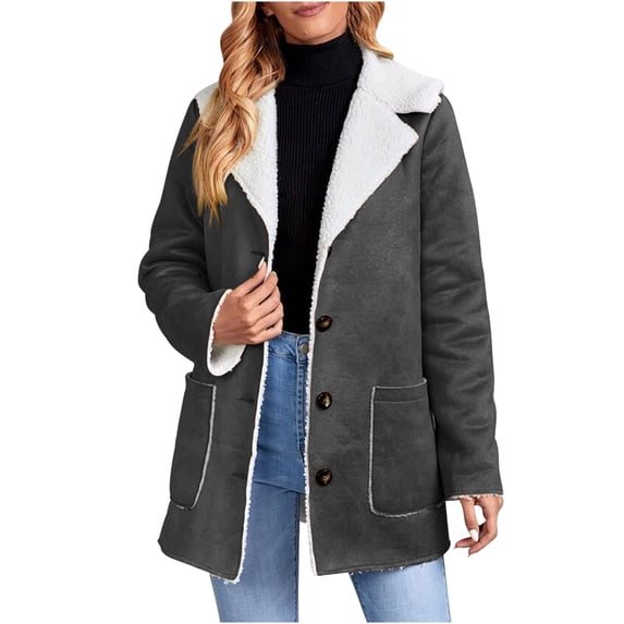 VEKDONE Women's Sherpa Trench Coat Winter Fleeve Warm Lapel Outwear Single Breasted Jackets Solid Vintage Fuzzy Coats with Pockets