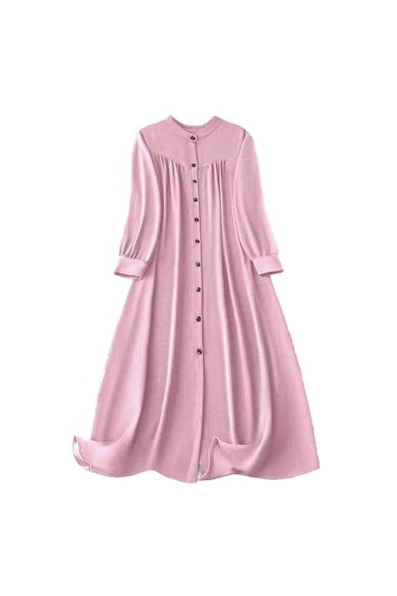 Women's Shirt Dress Plus Size Long Sleeve Loose Maxi Dress Crew Neck Button Down Long Dresses Solid Color Pleated Swing Dress Pink L
