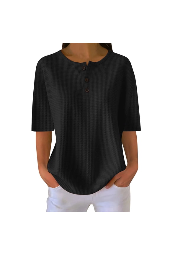Women's Short Sleeve Waffle Knit Shirts Casual Plus Size Loose Fit Tunic Tops Dressy Solid Color Button Down Henley Shirt Summer Fashion Blouse Black XXXXL