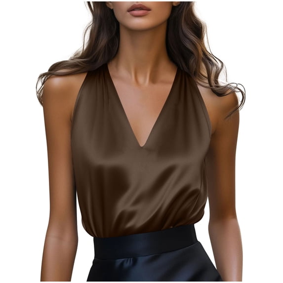VEKDONE Women's Silk Satin Tank Tops Plus Size Loose Fit Tunic Tops Summer Sleeveless V-Neck Tanks Dressy Solid Color Business Work Tank Top Brown S
