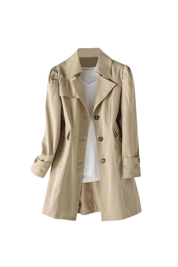 Women's Single Breasted Jacket Mid-Length Trench Coat Long Sleeve Notch Lapel Overcoat Solid Color Plus Size Windproof Outerwear with Pockets