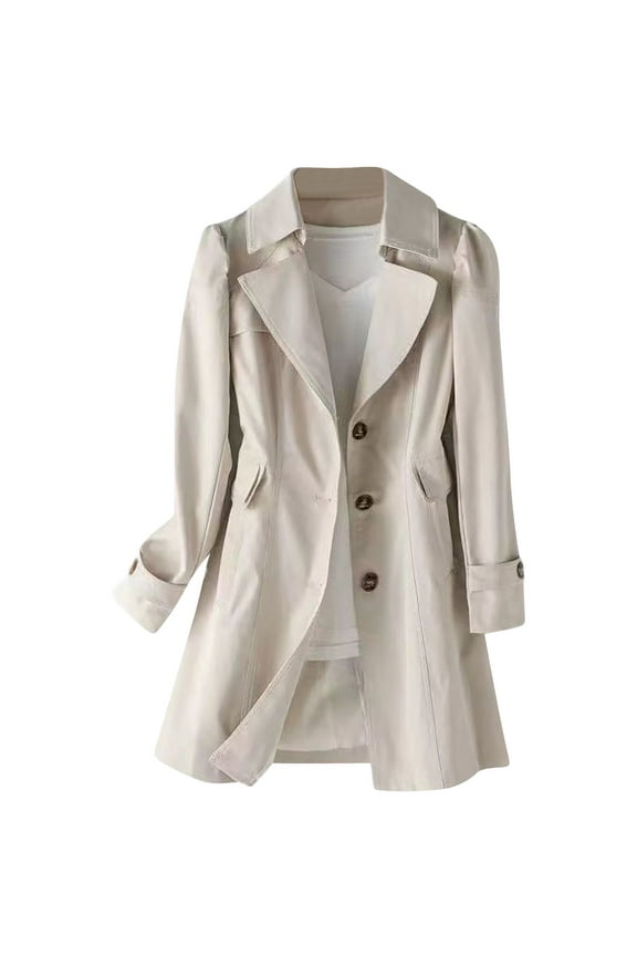 Women's Single Breasted Jacket Mid-Length Trench Coat Long Sleeve Notch Lapel Overcoat Solid Color Plus Size Windproof Outerwear with Pockets