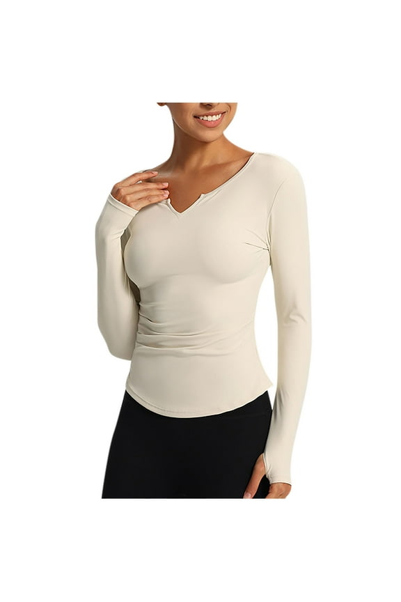 Women's Skinny Top Shirt Stretchy V Neck Basic Soft Blouse Fall Long Sleeve Comfy Solid Color Tops Regular Tees Yoga Shirts Undershirt