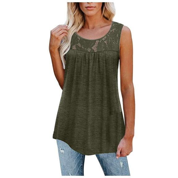 VEKDONE Women's Sleeveless Tank Tops Trendy Lace Patchwork Pleated Tanks Summer Loose Plus Size Tunics Tops Solid Color Crewneck Lounge Vests Army Green 3X-Large