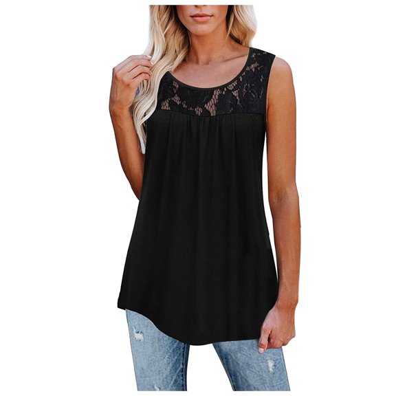 VEKDONE Women's Sleeveless Tank Tops Trendy Lace Patchwork Pleated Tanks Summer Loose Plus Size Tunics Tops Solid Color Crewneck Lounge Vests Black Small