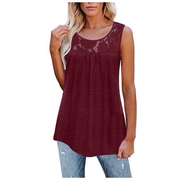 VEKDONE Women's Sleeveless Tank Tops Trendy Lace Patchwork Pleated Tanks Summer Loose Plus Size Tunics Tops Solid Color Crewneck Lounge Vests Wine Large