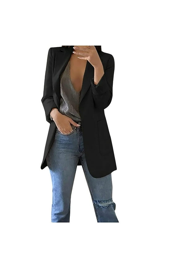 Women's Solid Blazer Boyfriend Style Open Front Blazer Elegant Work Jacket Coat Outwear with 2 Pockets on Plus Size S-5XL