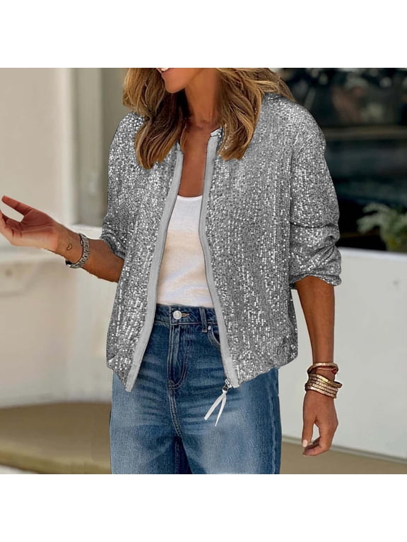 Women's Sparkly Sequin Jackets Casual Long Sleeve Zip Up Coat Fashion Party Festival Outerwear Fall Thin Lightweight Jacket Gray S