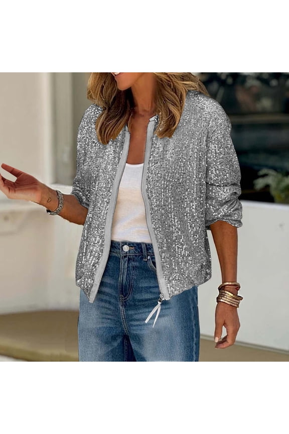 Women's Sparkly Sequin Jackets Casual Long Sleeve Zip Up Coat Fashion Party Festival Outerwear Fall Thin Lightweight Jacket Gray XXL