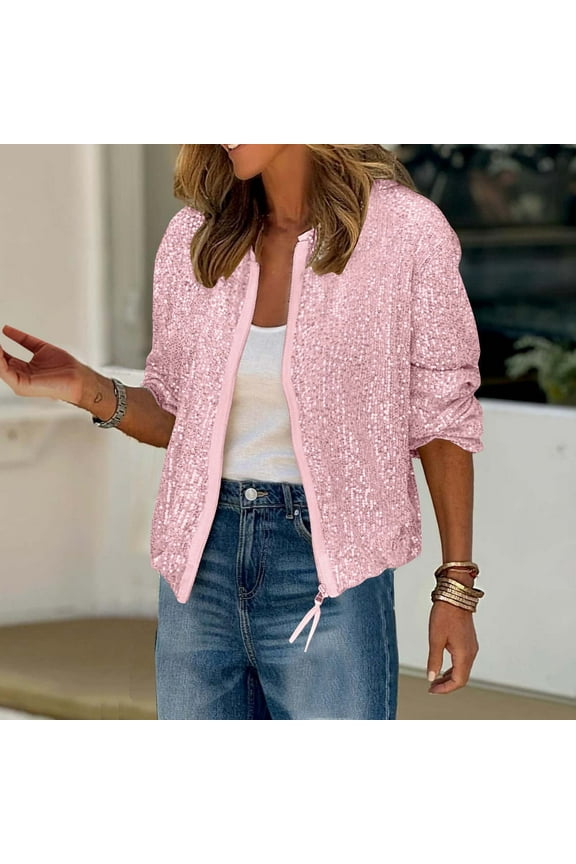Women's Sparkly Sequin Jackets Casual Long Sleeve Zip Up Coat Fashion Party Festival Outerwear Fall Thin Lightweight Jacket Pink L