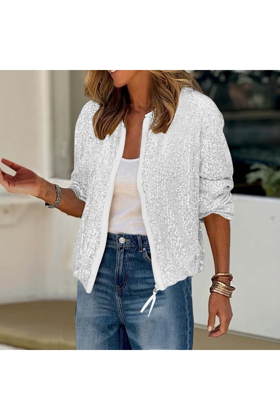 Women's Sparkly Sequin Jackets Casual Long Sleeve Zip Up Coat Fashion Party Festival Outerwear Fall Thin Lightweight Jacket White XL