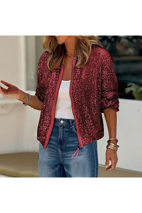 Women's Sparkly Sequin Jackets Casual Long Sleeve Zip Up Coat Fashion Party Festival Outerwear Fall Thin Lightweight Jacket Wine S