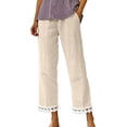 thumbnail image 1 of VEKDONE Women's Straight Trousers with Pockets High Waist Drawstring Loose Fit Anlke Pants Fashion Lace Trim Hem Long Pants Beige XXL, 1 of 5