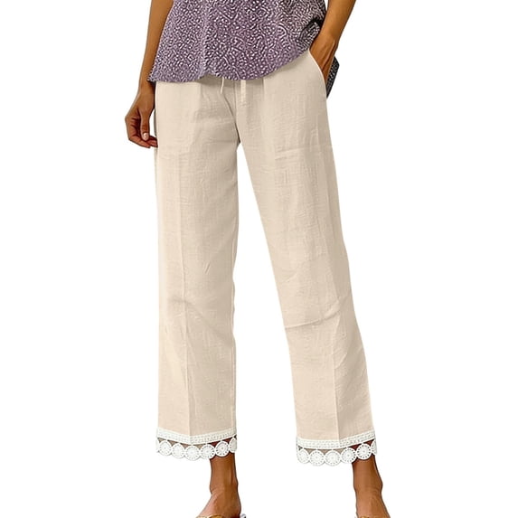 VEKDONE Women's Straight Trousers with Pockets High Waist Drawstring Loose Fit Anlke Pants Fashion Lace Trim Hem Long Pants Beige XXL