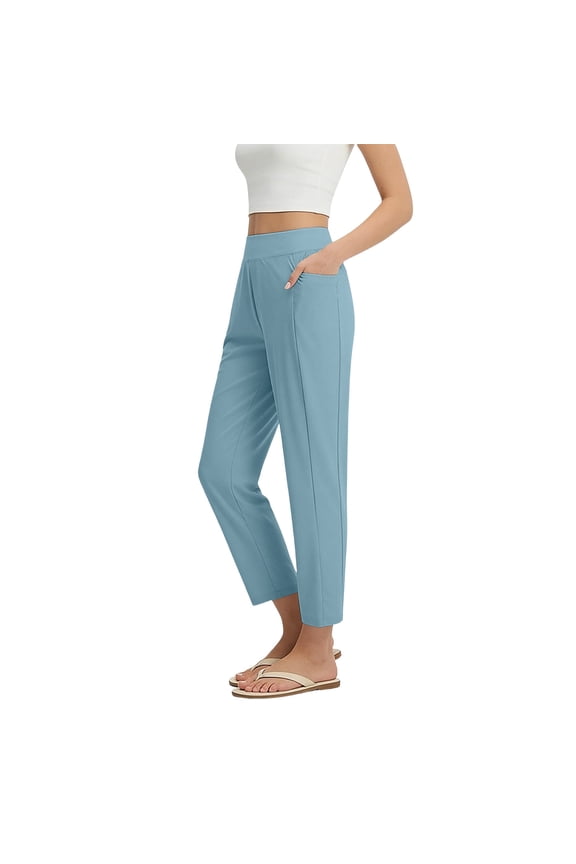 Women's Stretchy Ankle Pants Summer Casual Elastic Waist Workout Pants with Pockets Summer High Waisted Work Business Casual Slacks Sky Blue M