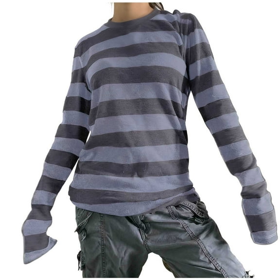 VEKDONE Women's Stripped Long Sleeve Shirt Y2K Baggy Shirts Vintage Crewneck Lightweight Pullover Tops Fashion Streetwear Clothes