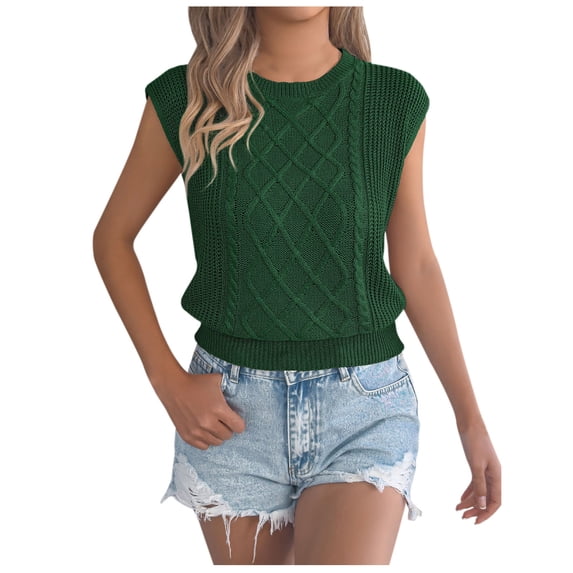 VEKDONE Women's Summer Cap Sleeve Tank Tops Cable Knit Crewneck Sweater Tanks Dressy Solid Color Loose Fit Lightweight Sweater Vest Green M